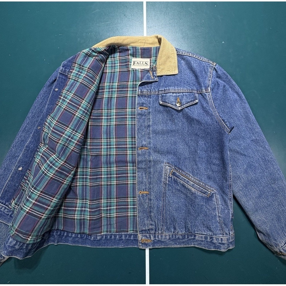 Vintage Denim Jacket Flannel-Lined Trucker Men's Medium Boxy Corduroy Collar 90s - Picture 3 of 16